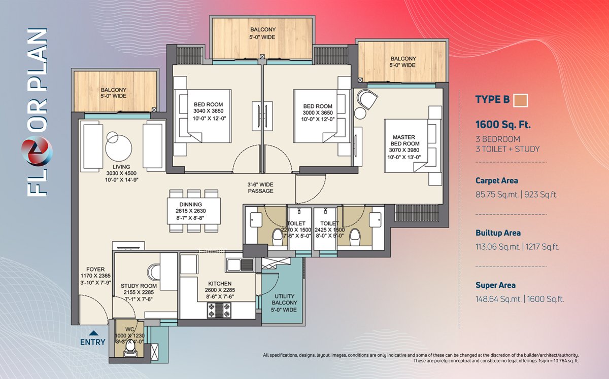 3 BHK + Study Floor Plan