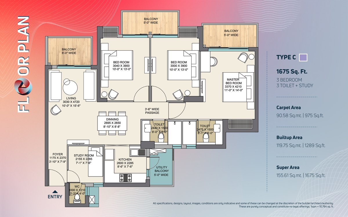3 BHK + Study Floor Plan